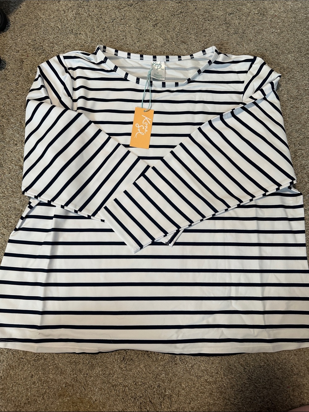 Kona Sol White and Navy Striped Crewneck Top
